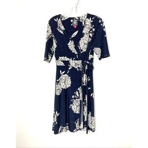 Vince Camuto Dress Size 6 Womens A-line Wrap Blue Floral Short Sleeve Stretch